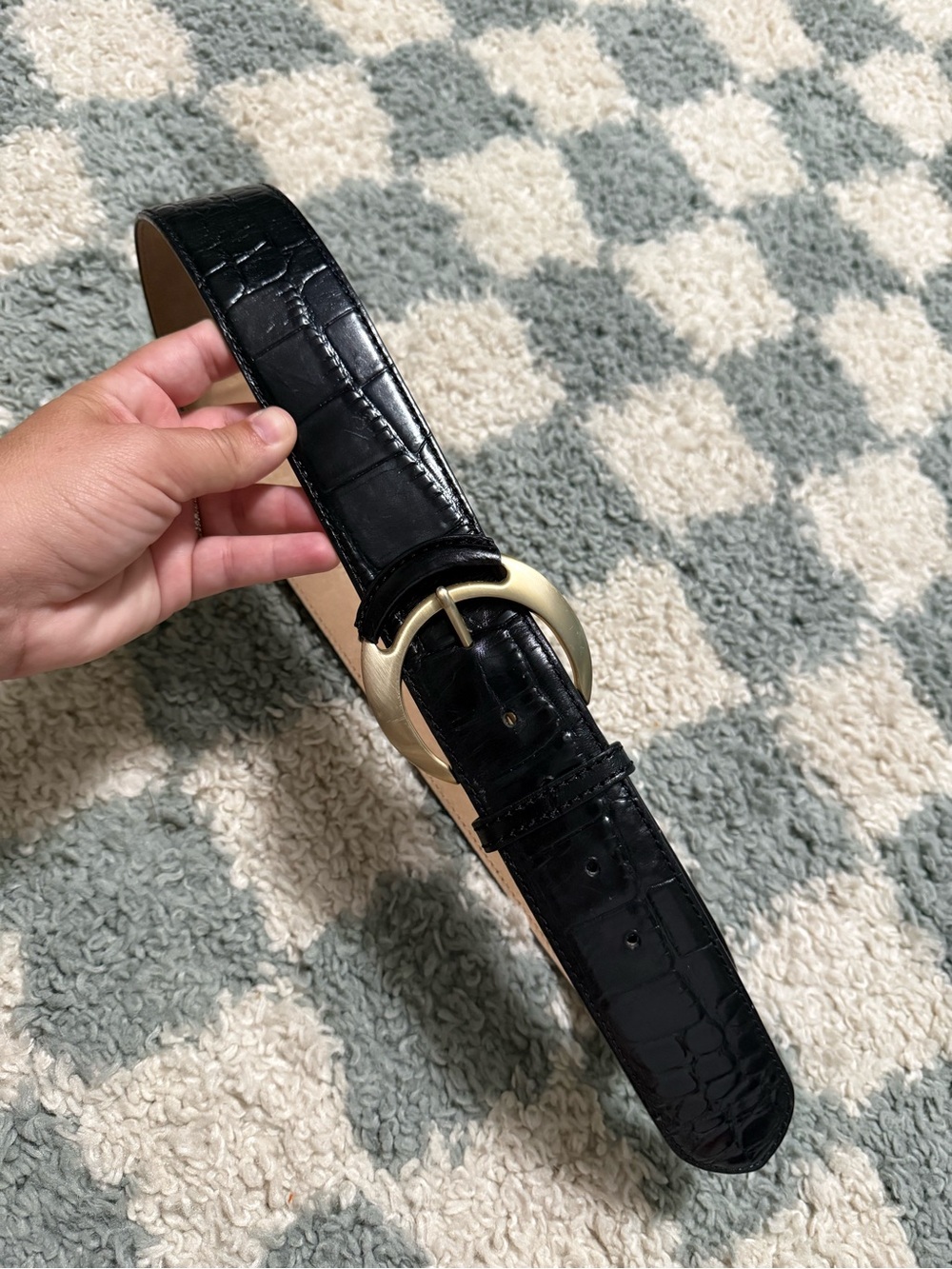 ANN TAYLOR black leather croc embossed statement wide belt old money classic